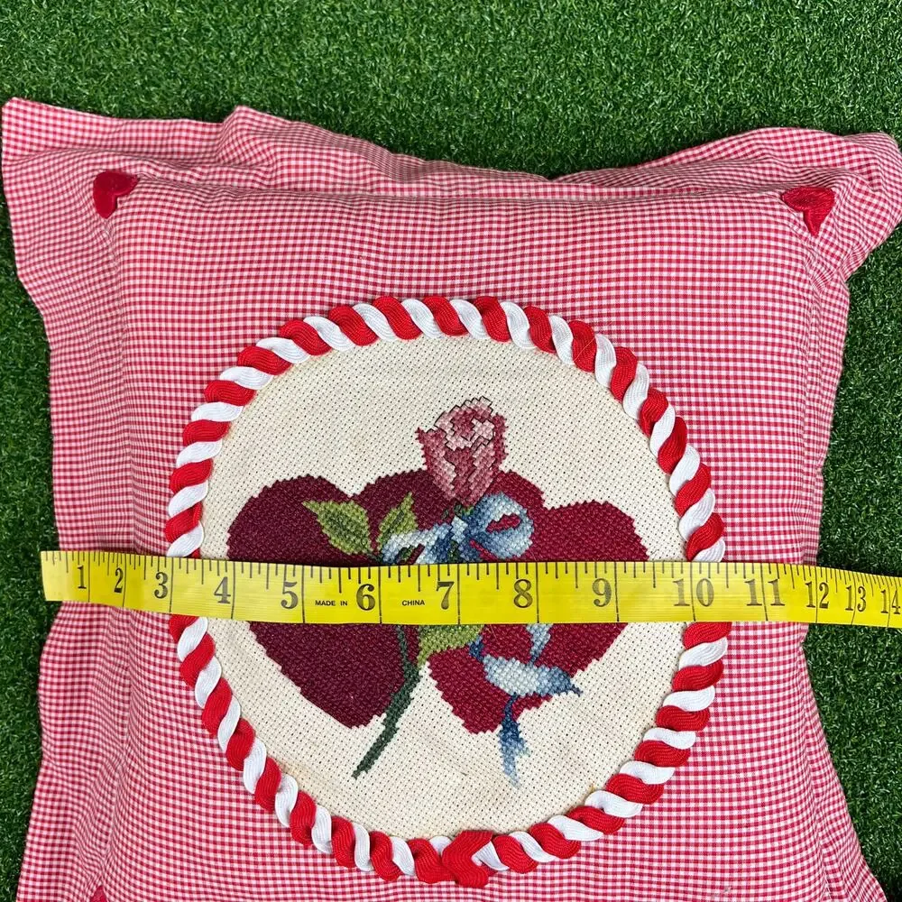 Vintage Red Gingham Heart Rose Design Needlepoint Throw Pillow
